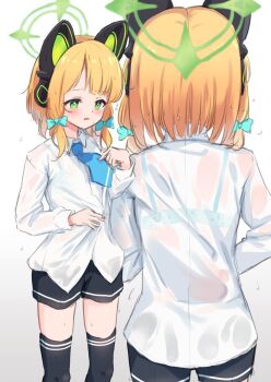 Rule 34 | 1girl, animal ear headphones, animal ears, black shorts, black thighhighs, blonde hair, blue archive, blue bow, blue necktie, blush, bow, bra visible through clothes, cat ear headphones, cat ears, fake animal ears, green eyes, green halo, hair bow, halo, headphones, midori (blue archive), miso (misomiso 154), multiple views, necktie, open mouth, see-through clothes, see-through shirt, shirt, short hair, shorts, thighhighs, white shirt