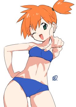1girl ;d bare_arms bare_shoulders bikini blue_bikini breasts collarbone cowboy_shot eyelashes green_eyes hair_tie hand_on_own_hip looking_at_viewer misty_(pokemon) navel nintendo one_eye_closed open_mouth orange_hair pointing pointing_at_viewer pokemon pokemon_(anime) pokemon_(classic_anime) pokemon_rgby ponytail short_hair side_ponytail simple_background small_breasts smile solo standing strapless strapless_bikini swimsuit takesinobu tongue white_background wink