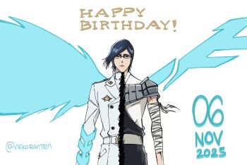 1boy absurdres artist_name black_hair bleach bleach:_sennen_kessen-hen coat commentary dated english_commentary frown glasses grey_eyes happy_birthday highres ishida_uryuu male_focus nekoranten quincy_(bleach) signature solo symmetry upper_body wandenreich_uniform white_coat wings