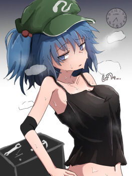 1girl alternate_costume analog_clock bags_under_eyes black_tank_top blue_eyes blue_hair breasts clock commentary_request compression_sleeve green_hat hair_bobbles hair_ornament hat highres isgod kawashiro_nitori looking_at_viewer medium_breasts midriff navel newsboy_cap open_mouth short_hair solo sweat tank_top touhou two_side_up upper_body wrench