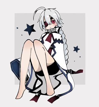 Rule 34 | 1girl, ahoge, bare legs, barefoot, blazblue, bodysuit, border, braid, braided ponytail, collar, commentary, eyepatch, grey background, grey hair, highres, light blush, long hair, looking at viewer, mutuki78, nu-13, pout, red eyes, signature, single braid, solo, star (symbol), very long hair, white border