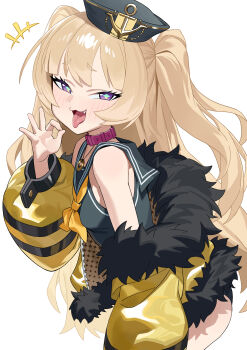 +++ 1girl absurdres anchor_hat_ornament ass azur_lane bache_(azur_lane) bare_shoulders black_hat black_shirt black_shorts blonde_hair blush breasts clothes_pull collar commentary_request cowboy_shot fang fellatio_gesture from_side half-closed_eyes hand_up hat hat_ornament highres jacket jacket_pull leaning_forward long_hair looking_at_viewer looking_back micro_shorts naughty_face ok_sign open_clothes open_jacket pink_collar purple_eyes q_haoyu sailor_collar sailor_shirt shirt shorts simple_background sleeveless sleeveless_shirt small_breasts solo symbol-shaped_pupils tongue tongue_out two_side_up very_long_hair white_background yellow_jacket