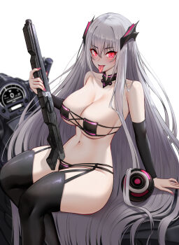 1girl beak_(girls'_frontline) bikini breasts cleavage girls'_frontline grey_hair highres holding holding_weapon lace lace-trimmed_thighhighs lace_trim large_breasts long_hair looking_at_viewer motor_vehicle open_mouth pink_eyes popoman sangvis_ferri simple_background smile solo speedometer swimsuit thighhighs tongue tongue_out twintails very_long_hair weapon white_hair