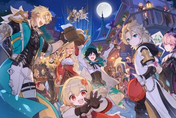 6+boys 6+girls absurdres aether_(genshin_impact) albedo_(genshin_impact) alice_(genshin_impact) amber_(genshin_impact) aqua_hair armor barbara_(genshin_impact) bennett_(genshin_impact) black_gloves black_hair black_shirt blonde_hair blue_eyes blue_hair capelet closed_eyes coat cup dahlia_(genshin_impact) diluc_(genshin_impact) diona_(genshin_impact) dragon_horns dress eula_(genshin_impact) fingerless_gloves fischl_(genshin_impact) full_moon genshin_impact gloves green_hat hat highres holding holding_cup horns jean_(genshin_impact) kaeya_(genshin_impact) klee_(genshin_impact) lisa_(genshin_impact) long_hair lumine_(genshin_impact) mika_(genshin_impact) mini_durin_(genshin_impact) mini_durin_(human)_(genshin_impact) mona_(genshin_impact) moon multicolored_hair multiple_boys multiple_girls night night_sky noelle_(genshin_impact) open_mouth oz_(genshin_impact) paimon_(genshin_impact) pants pink_eyes pink_hair razor_(genshin_impact) red_hair red_hat rosaria_(genshin_impact) shirt short_hair shoulder_armor sky sucrose_(genshin_impact) thoma_(genshin_impact) tiny_(0v0) varka_(genshin_impact) venti_(genshin_impact) white_coat white_hair white_pants