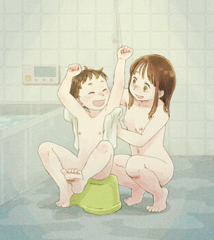 1boy 1girl 2022 20s age_difference age_progression ass bare_legs bare_shoulders barefoot bath bath_stool bathroom bathtub blush breasts brother_and_sister brown_eyes brown_hair casual_nudity collarbone commission completely_nude full_body highres holding holding_towel indoors legs loli looking_at_another matching_hair/eyes mixed-sex_bathing mixed_bathing navel nipples nude older_sister open_mouth original rapisrazuli shared_bathing short_hair shota siblings sitting small_breasts smile squatting stomach stool toes towel water wet