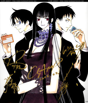 00s 1girl 2boys black_hair blunt_bangs breasts clamp cleavage doumeki_shizuka dress glasses gloves highres hime_cut ichihara_yuuko jewelry large_breasts lipstick long_hair makeup multiple_boys necklace red_eyes watanuki_kimihiro xxxholic
