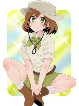Rule 34 | 1boy, belt, boots, border, breast pocket, brown belt, brown boots, brown hair, budding expeditioner (pokemon), closed mouth, collared shirt, commentary request, green eyes, green shorts, hat, highres, looking up, male focus, medium hair, nintendo, outside border, pocket, pokemon, pokemon tcg, pokemon tcg pocket, sana (37pisana), shirt, shorts, sitting, smile, socks, solo, sparkle, spread legs, white border