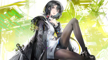 Rule 34 | 1girl, arknights, arknights: endfield, black boots, black hair, black jacket, black pantyhose, black shorts, blue eyes, boots, chinese commentary, commentary request, endministrator (arknights), female endministrator (arknights), highres, jacket, open clothes, open jacket, open mouth, pantyhose, plumw, short hair, shorts, solo, sweater, turtleneck, turtleneck sweater, white sweater
