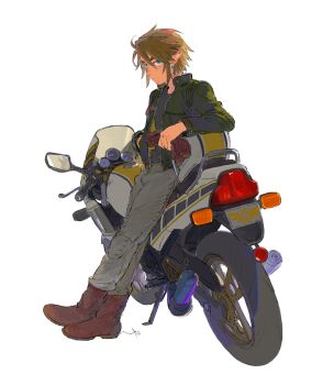 1boy alternate_costume blue_eyes boots brown_boots closed_mouth contemporary crossed_ankles earrings full_body gloves green_jacket hand_in_pocket holding holding_gloves holding_unworn_clothes jacket jewelry leaning_against_motorcycle link lip_(lih8) looking_at_viewer male_focus nintendo nose open_clothes open_jacket pointy_ears short_hair solo the_legend_of_zelda unworn_gloves white_background