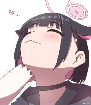 1girl :3 absurdres animal_ears artist_name black_choker black_hair blue_archive blunt_bangs blush cat_ears choker closed_eyes closed_mouth colored_inner_hair extra_ears hair_ornament hairclip halo heart highres hood hoodie kai_xin kazusa_(blue_archive) multicolored_hair pink_hair portrait short_hair simple_background smile solo two-tone_hair white_background