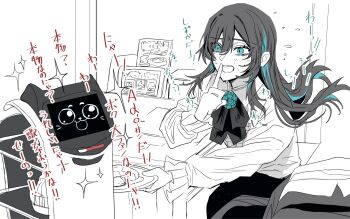 1girl ado_(utaite) bellabot black_hair blue_hair chando_(ado) commentary finger_to_mouth gunjyou_(gunjyou_00) highres long_hair long_sleeves multicolored_hair nervous_sweating open_mouth partially_colored pudu_robotics shirt shushing sparkle streaked_hair sweat teeth translation_request upper_teeth_only