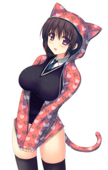 1girl animal_ears animal_hood black_necktie black_sweater blush breasts brown_hair cat_ears cat_girl cat_hood cat_tail clothes_tug commentary_request cowboy_shot fake_tail hair_between_eyes heart heart_print hood hooded_jacket jacket jacket_tug large_breasts long_sleeves looking_at_viewer necktie no_pants open_mouth original print_jacket purple_eyes red_jacket red_tail shirt short_hair simple_background skin_tight solo standing sweatdrop sweater tail takano_miki white_background white_shirt