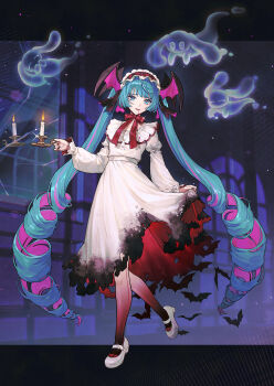 1girl absurdres bat_(animal) black_nails blood blood_from_mouth blood_on_clothes blue_eyes blue_hair candle candlestand chin_strap cinnamoroll commentary_request demon_wings dress drill_hair fang frilled_hairband frills full_body fuwa_fuwa_cinnamoroll ghost glint gradient_legwear hairband hatsune_miku head_wings highres holding_candlestand kotobuki_nashiko lolita_hairband long_hair long_sleeves looking_at_viewer low_drills mary_janes multicolored_hair nail_polish pantyhose parted_lips pink_blood pink_hair pink_pupils puffy_long_sleeves puffy_sleeves red_ribbon ribbon sanrio shoes skirt_hold solo twin_drills twintails two-tone_hair very_long_hair vocaloid white_dress white_shoes wings