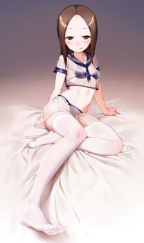 1girl :q babu bikini blue_bikini blue_sailor_collar breasts brown_eyes brown_hair commentary english_commentary full_body highres karakai_jouzu_no_takagi-san legs loli long_hair looking_at_viewer naughty_face navel parted_bangs sailor_collar school_uniform see-through_clothes see-through_shirt see-through_skirt serafuku sitting skirt small_breasts solo swimsuit takagi-san thighhighs tongue tongue_out white_thighhighs