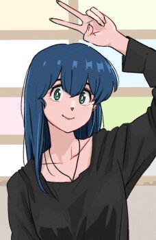 black_shirt blue_eyes blue_hair gradient_background highres long_hair long_sleeves loose_clothes loose_shirt maison_ikkoku otonashi_kyouko poppowerhearts shirt smile solo v