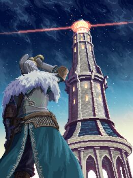 1other armor bearer_of_the_curse binoculars blue_cape blue_sky breastplate bridal_gauntlets cape cowboy_shot dark_souls_(series) dark_souls_ii from_behind fur_collar helm helmet holding holding_binoculars in-universe_location kingyohashioki lighthouse outdoors pixel_art sky solo star_(sky) starry_sky tower