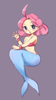 Rule 34 | 1girl, ahoge, blue eyes, breasts, curly hair, densetsu no stafy, female focus, full body, highres, kai himo, looking at viewer, mermaid, mermaid (starfy), monster girl, open mouth, pink hair, purple background, simple background, small breasts, solo, waving