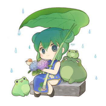 1girl artist_name ayu_(mog) bare_arms bare_shoulders black_shoes blue_dress blush_stickers chibi chibi_only china_dress chinese_clothes closed_mouth commentary dress english_commentary flower frog full_body highres holding holding_flower hydrangea leaf mixed-language_commentary original rain romaji_commentary shoes simple_background sitting sleeveless sleeveless_dress smile snail solo white_background