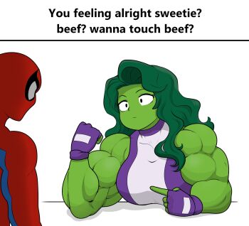 1boy 1girl bicep_curl biceps bodysuit boobs?_wanna_touch_boobs?_(meme) chibi colored_skin english_text fingerless_gloves flexing frown gloves green_hair green_skin highres leotard marvel matchstickman meme muscular muscular_female pointing pointing_at_self she-hulk spider-man white_background
