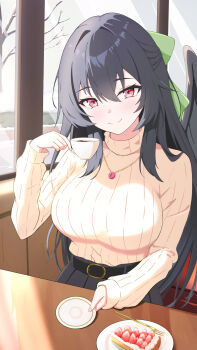 1girl absurdres alternate_costume belt bird_wings black_belt black_hair black_skirt black_wings blush bow breasts cake cake_slice closed_mouth commentary_request contemporary cup food fork green_bow hair_bow highres holding holding_cup jewelry large_breasts long_hair long_sleeves looking_at_viewer necklace o1118 pendant red_eyes reiuji_utsuho saucer sitting skirt smile solo sweater teacup touhou very_long_hair wings yellow_sweater