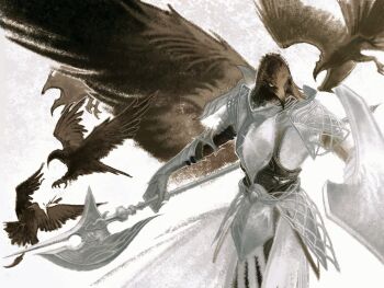 1boy animal_head armor arms_up bird bird_boy breastplate commentary commentary_request cruentum_noctis elden_ring elden_ring_nightreign english_commentary faulds furry furry_male gauntlets guardian_(elden_ring) hawk highres holding holding_polearm holding_shield holding_weapon male_focus mixed-language_commentary polearm shield simple_background single_wing solo weapon white_background wings