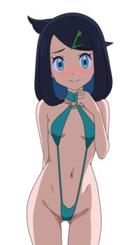 Rule 34 | 1girl, alternate costume, aqua eyes, aqua slingshot swimsuit, black hair, closed mouth, colored inner hair, commentary, cowboy shot, cowlick, eyelashes, gluteal fold, hair ornament, hairclip, hand up, light blush, liko (pokemon), long hair, looking at viewer, mnkr98, multicolored hair, navel, nintendo, pokemon, pokemon (anime), pokemon horizons, raised inner eyebrows, simple background, slingshot swimsuit, smile, solo, split mouth, swept bangs, swimsuit, white background