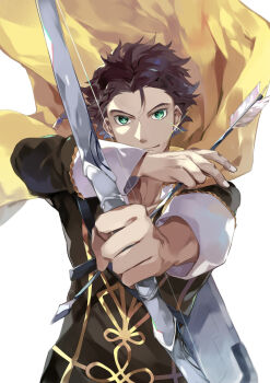 1boy bow_(weapon) brown_hair cape claude_von_riegan fire_emblem fire_emblem:_three_houses floating_cape glint green_eyes holding holding_bow_(weapon) holding_weapon long_sleeves looking_at_viewer male_focus nintendo oboro_keisuke short_hair simple_background solo weapon white_background yellow_cape