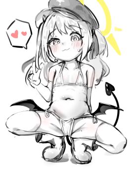 1girl :3 absurdres asymmetrical_hair bikini black_tail blue_archive boots bridal_gauntlets collarbone demon_girl demon_horns demon_tail demon_wings flat_chest full_body halo hat heart highres horns ibuki_(blue_archive) light_blush loli looking_at_viewer low_wings medium_hair navel one_side_up partially_colored peaked_cap rubber_boots saewoocho_bab side-tie_bikini_bottom sketch smile solo spoken_heart spread_legs squatting sweat swimsuit tail v wings yellow_halo