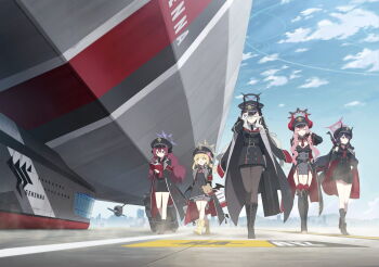 5girls adjusting_clothes adjusting_headwear aiguillette aircraft animal_bag ankle_boots armband artist_request assault_rifle belt belt_buckle between_breasts black_belt black_boots black_choker black_coat black_gloves black_hair black_halo black_horns black_jacket black_necktie black_pantyhose black_shirt black_skirt blonde_hair bloomers blue_archive book boots bow bra breasts buckle buttons chiaki_(blue_archive) choker closed_eyes cloud coat coat_on_shoulders collarbone collared_shirt crime_prevention_buzzer day demon_girl demon_tail demon_wings dirigible double-breasted dust game_cg garter_straps gehenna_academy_logo gloves gradient_halo grey_eyes gun hair_between_eyes hair_over_one_eye halo hat highres holding holding_book holding_suitcase horns ibuki_(blue_archive) iroha_(blue_archive) jacket knee_boots large_breasts long_hair low_wings makoto_(blue_archive) medium_breasts miniskirt multicolored_coat multicolored_halo multiple_girls necktie necktie_between_breasts non-web_source official_art open_mouth outdoors pandemonium_society_(blue_archive) pantyhose peaked_cap pencil_skirt pink_bow pink_hair pleated_skirt pointy_ears propeller purple_halo reading red_armband red_bow red_coat red_eyes red_garter_straps red_hair red_halo red_horns red_necktie red_ribbon red_skirt red_thighhighs ribbon rifle rubber_boots safety_pin satsuki_(blue_archive) school_uniform shirt skirt skyline smile spoilers stg44 suitcase tail thighhighs two-tone_coat two-tone_skirt underwear very_long_hair weapon white_bloomers white_gloves white_hair white_shirt wings yellow_boots yellow_eyes yellow_halo