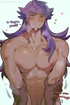 2boys bara beard blush chariko commentary dark-skinned_male dark_skin english_commentary english_text facial_hair flying_sweatdrops heavy_breathing highres holding holding_another&#039;s_wrist holding_another&#039;s_wrists holding_wrists leon_(pokemon) long_hair looking_at_viewer male_focus male_pubic_hair multiple_boys nintendo nipples nude pectoral_focus pectoral_press pectoral_squeeze pectorals pokemon pokemon_swsh pov pov_hands pubic_hair purple_hair raihan_(pokemon) shirtless_male solo_focus sweat tearing_up topless_female topless_male yaoi yellow_eyes