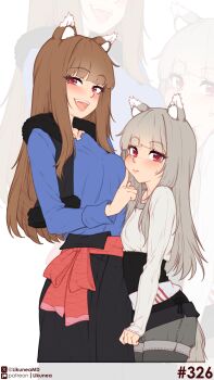 2girls :d absurdres animal_ear_fluff animal_ears blue_shirt blunt_bangs blush breasts brown_hair closed_mouth commentary english_commentary grey_hair highres holo likunea long_hair long_sleeves looking_at_viewer medium_breasts mother_and_child mother_and_daughter multiple_girls myuri_(spice_and_wolf) open_mouth parent_and_child patreon_logo patreon_username red_eyes shirt sidelocks simple_background small_breasts smile spice_and_wolf tail twitter_username twitter_x_logo white_background wolf_and_parchment wolf_ears wolf_girl wolf_tail zoom_layer