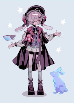 1girl animal_ears arknights black_bow black_bowtie black_hairband black_hat black_jacket black_shoes bonnet book bow bowtie eyepatch floppy_ears full_body grey_background grey_hair hair_ornament hairband hashtag-only_commentary hat highres jacket long_sleeves looking_at_viewer matsuba_(mtbsbr721) open_mouth popukar_(arknights) popukar_(witch&#039;s_swing)_(arknights) purple_eyes rabbit_ears shoes short_hair socks solo standing star_(symbol) white_socks x_hair_ornament