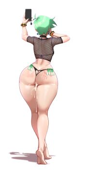 1girl aestheticc-meme aftersex ass ass_cutout ass_focus black_panties bracelet butt_crack choker clothing_cutout condom condom_belt cum feet from_behind green_hair heart_cutout highres holding holding_phone huge_ass jewelry mint_(gerph) panties phone selfie skarpworld slap_mark spanked taking_picture thick_thighs thighs underwear used_condom