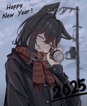 1girl 2025 absurdres animal_ear_piercing animal_ears black_coat black_hair blurry blurry_background breath brown_scarf can closed_eyes coat commentary_request crossed_bangs dog_ears dog_girl double-parted_bangs drink_can fang grey_streaks hair_between_eyes happy_new_year highres holding holding_can kmnz long_sleeves medium_hair multicolored_hair nero_(kmnz) new_year no_name_ver1 open_mouth scarf smile solo streaked_hair upper_body virtual_youtuber