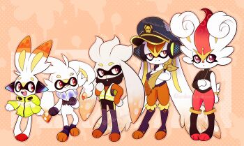 5others absurdres agent_3_(splatoon) agent_3_(splatoon)_(cosplay) agent_3_(splatoon_3) agent_3_(splatoon_3)_(cosplay) agent_4_(splatoon) agent_4_(splatoon)_(cosplay) agent_8_(splatoon) agent_8_(splatoon)_(cosplay) amberlea animal_feet animal_hands animal_nose arm_at_side artist_name bike_shorts black_shirt blue_fur body_fur bottomless bracelet cinderace closed_mouth clothed_pokemon cosplay covered_mouth crop_top crossed_arms dynamax evolutionary_line full_body furry gen_8_pokemon gigantamax half-closed_eyes hand_on_own_chest hand_on_own_hip hand_on_own_stomach hand_to_own_mouth hand_up happy headphones high-visibility_clothing high-visibility_vest highres hood hood_down hooded_jacket jacket jewelry legs long_animal_ears long_sleeves looking_at_another looking_to_the_side multicolored_fur multiple_others nintendo open_mouth orange_background orange_fur orange_hair orange_outline other_focus outline patchwork_clothes pigeon-toed pokemon pokemon_(creature) rabbit_ears rabbit_tail raboot red_eyes red_fur red_hair scorbunny shirt short_hair single_bare_shoulder single_sleeve sleeveless sleeveless_shirt smile socks splatoon_(series) splatoon_1 splatoon_2 splatoon_3 split_mouth standing striped_clothes striped_socks teeth thighs toeless_legwear torn_clothes torn_shirt twitter_username vest watermark white_fur white_outline yellow_jacket yellow_vest zipper_pull_tab