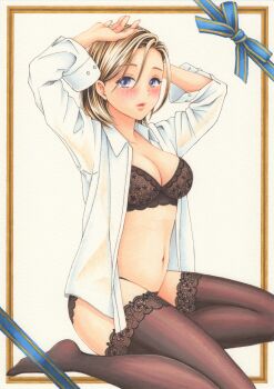 1girl absurdres arms_up black_bra black_panties black_thighhighs blue_eyes blush border bra breasts brown_border brown_hair commentary full_body highres lace lace-trimmed_thighhighs lace_bra lace_trim large_breasts lingerie long_sleeves looking_at_viewer marker_(medium) midori_(mira567) no_pants no_shoes open_clothes open_shirt original outside_border panties parted_lips shirt short_hair solo thighhighs traditional_media unbuttoned_sleeves underwear white_background white_shirt wings