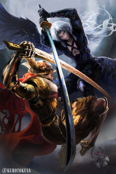 2boys amputee armor cape chest_strap chocobo covered_eyes elden_ring fighting final_fantasy final_fantasy_vii fromsoftware gold_armor golden_sword helmet helmet_over_eyes highres kurotokusa long_bangs long_coat malenia_blade_of_miquella masamune_(ff7) mechanical_arms moon multiple_boys parted_bangs pauldrons prosthesis prosthetic_arm prosthetic_leg red_cape sephiroth shoulder_armor single_mechanical_arm single_wing starscourge_radahn sword triple_amputee weapon winged_helmet wings