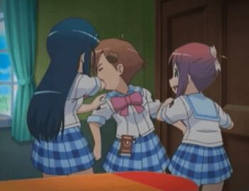 Rule 34 | 00s, 3girls, amamiya manami, animated, animated gif, bow, etou mei, gakuen utopia manabi straight!, gradient hair, lowres, multicolored hair, multiple girls, pink bow, plaid clothes, plaid skirt, punching, skirt, slapping, uehara mutsuki