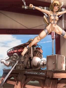 Rule 34 | absurdres, animal ears, bdsm, bondage, bound, censored, dildo, engine, hangar, highres, mawara (vorpal cotton), nipples, nude, object insertion, outstretched arms, restrained, sex machine, sex toy, spread arms, spread legs, suspension, table, tail, twitter username, wooden table
