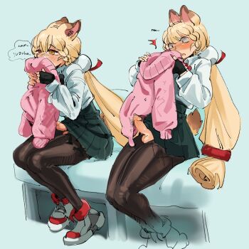 1girl alice_thymefield animal_ears blonde_hair cum deertripetri futanari heterochromia highres leggings rabbit_ears skirt smelling smelling_clothes twintails zenless_zone_zero