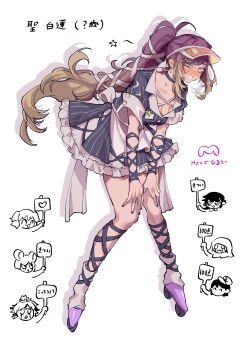 6+girls :d absurdres alternate_costume apron arm_ribbon back_bow blonde_hair blue_dress blue_nails blue_ribbon blush bow breasts chibi chibi_inset choker cleavage commentary_request cross-laced_clothes cross-laced_dress dress frilled_dress frills full_body gradient_hair hair_ribbon half-closed_eye hands_on_own_thighs highres hijiri_byakuren holding holding_sign houjuu_nue kasodani_kyouko knees_together_feet_apart kumoi_ichirin leaning_forward leg_ribbon long_hair looking_at_viewer medium_breasts multicolored_hair multiple_girls murasa_minamitsu nail_polish nazrin nervous_smile nose_blush open_mouth ponytail purple_hair purple_shoes ribbon roller_skates shoes short_sleeves sign skates smile solo_focus striped_clothes striped_dress sweat toramaru_shou touhou translation_request vertical-striped_clothes vertical-striped_dress very_long_hair visor_cap waist_apron waitress white_background white_ribbon yamazaki_tsukune yellow_eyes