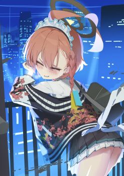 1girl against_railing ahoge ass bag black_hairband black_jacket black_nails black_skirt blue_archive blush braid cityscape closed_eyes earrings fang floral_print_jacket fnx0228 frilled_hairband frills from_behind hair_between_eyes hair_ornament hairband halo huge_ahoge jacket jewelry looking_back maid_headdress medium_hair mole_under_each_eye mole_under_eye multiple_moles neru_(blue_archive) night night_sky open_clothes open_jacket orange_hair outdoors railing school_bag shirt side_braid skirt sky smile solo standing sukajan thighs white_shirt