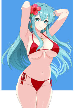 Rule 34 | 1girl, alternate costume, aqua hair, armpits, arms behind head, arms up, bare arms, bare shoulders, bikini, blue background, blue eyes, blue hair, border, breasts, collarbone, daiichi (k daiiti), earrings, eirika (fire emblem), fire emblem, fire emblem: the sacred stones, flower, hair flower, hair ornament, highres, jewelry, long hair, navel, necklace, nintendo, red bikini, sideboob, skindentation, smile, solo, stomach, swimsuit, thick thighs, thighs, underboob, very long hair, white border