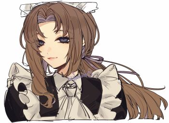 09wave_hb 1girl alternate_costume brown_hair enmaided eyelashes limbus_company long_hair low_ponytail maid maid_headdress pink_lips ponytail project_moon purple_eyes rodion_(project_moon) signature simple_background solo upper_body white_background