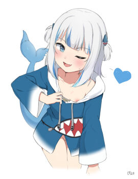 1girl blue_eyes blue_hoodie blue_streaks blush bottomless clothes_pull cropped_legs drawstring fins fish_tail gawr_gura gawr_gura_(1st_costume) hair_ornament heart hololive hololive_english hood hoodie kachobi_(user_atuh5854) loli long_sleeves looking_at_viewer multicolored_hair nipples one_eye_closed shark_girl shark_hair_ornament shark_tail shirt_pull simple_background solo standing streaked_hair sweatdrop tail two_side_up virtual_youtuber white_background white_hair
