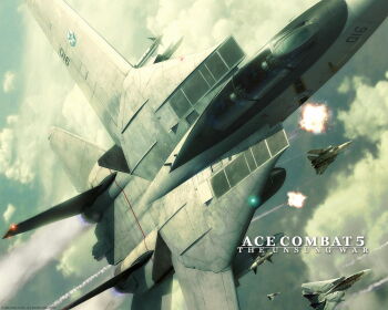 ace_combat ace_combat_5 afterburner aircraft airplane battle blaze_(character) cloud contrail external_fuel_tank emblem explosion f-14 fighter fighter_jet helmet military military_vehicle missile multiple_aircraft namco no_humans official_art official_wallpaper pilot vehicle_focus wardog_squadron