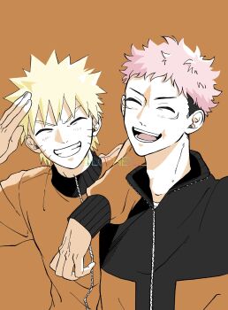 Rule 34 | 2boys, blonde hair, borrowed clothes, commentary request, crossover, flak jacket, happy, highres, itadori yuuji, jacket, jujutsu kaisen, loshey, male focus, messy hair, multiple boys, naruto (series), naruto shippuuden, pink hair, smile, spiked hair, uzumaki naruto