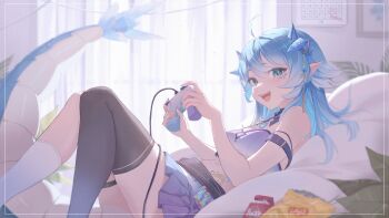 1girl :d absurdres ahoge aqua_nails arm_strap asymmetrical_legwear bed black_thighhighs blue_eyes blue_hair blue_skirt blue_tank_top brooch calendar_(object) controller cropped_legs detached_collar fang food highres holding holding_controller horns jewelry lay's_(potato_chips) light_blue_hair long_hair looking_at_viewer lying midori_fufu navel on_back open_mouth painting_(object) paroniie_(vtuber) pillow plant pocky potion potted_plant sidelocks skirt smile socks tail tank_top tattoo thigh_strap thighhighs virtual_youtuber white_socks window