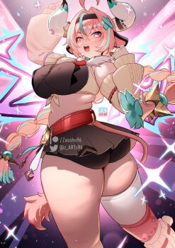 1girl ahoge animal_ears aqua_hair ass bare_shoulders bell bell_earrings belt black_skirt black_sports_bra braid breasts cow_ears cow_girl cow_horns cow_tail cropped_vest detached_sleeves earrings framed_breasts genshin_impact hairband highres horns jewelry kneehighs large_breasts long_hair looking_at_viewer looking_back low_twin_braids midriff miniskirt multicolored_hair open_mouth pink_hair purple_eyes single_thighhigh skirt socks solo sparkle sports_bra streaked_hair tail thighhighs thighs twin_braids twisted_torso varesa_(genshin_impact) variant_set vest white_thighhighs yellow_vest zasshu