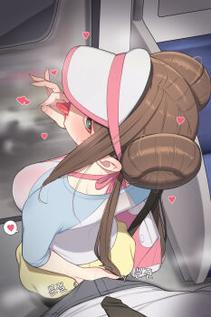 1boy 1girl absurdres black_necktie blue_eyes blush breasts brown_hair bulge bulge_to_ass donut_hair_bun fellatio_gesture from_above from_behind hair_bun hetero highres large_breasts looking_at_viewer matdoljangin necktie nintendo open_mouth pokemon pokemon_bw2 pov rosa_(pokemon) sexually_suggestive shirt solo_focus sweat tongue tongue_out train_interior visor_cap white_shirt